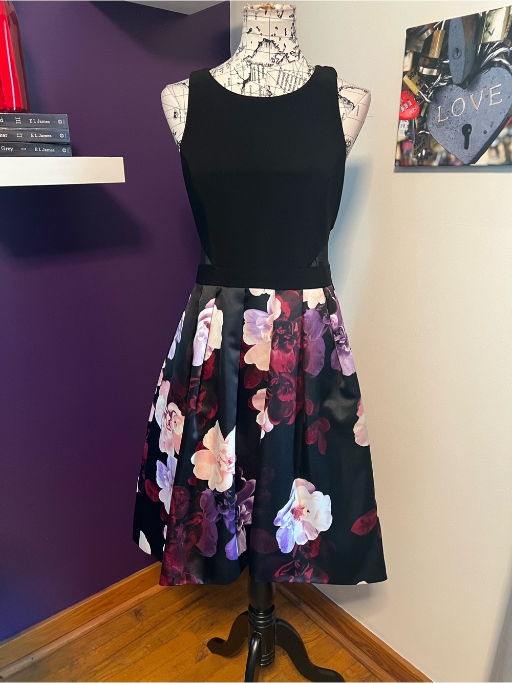 Xscape Black Midi Dress with Purple & Pink Floral Skirt